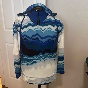 LuLaRoe Small Eliza Hooded Long Sleeve top in shades of blue